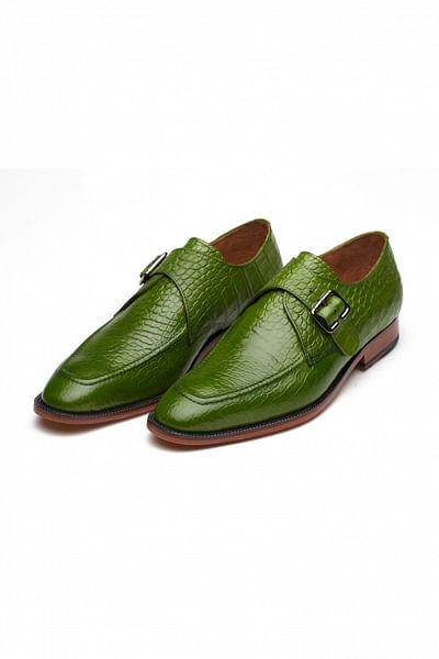 Green monk strap textured leather shoes