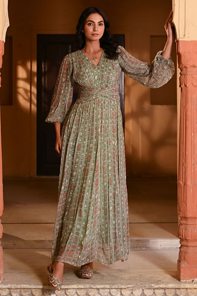 Green Mughal vase printed knotted dress