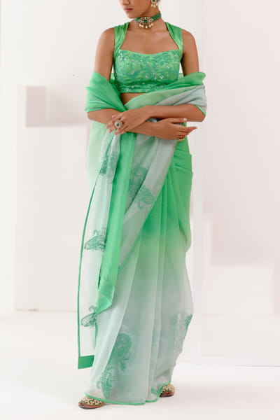 Devnaagri Green ombre dori embroidery sari set DEVOCT2318