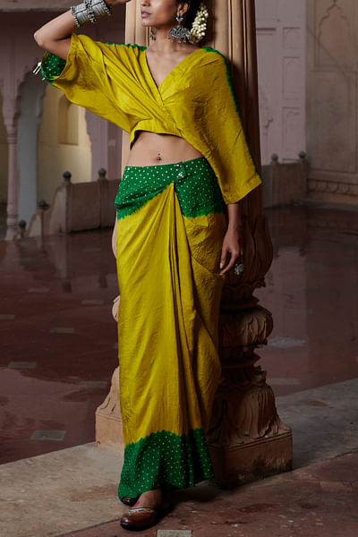 Green ombre kaftan top and draped skirt