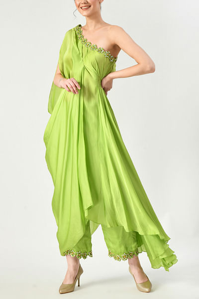 Green one-shoulder embellished kaftan set