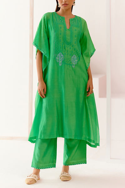 Green paisley mirror embroidery kaftan set