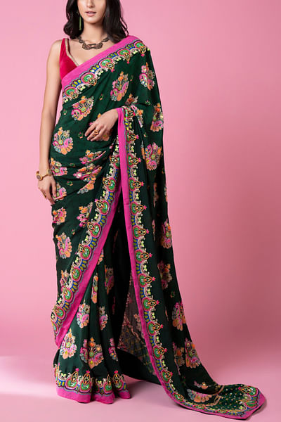 Green paisley print embellished sari set
