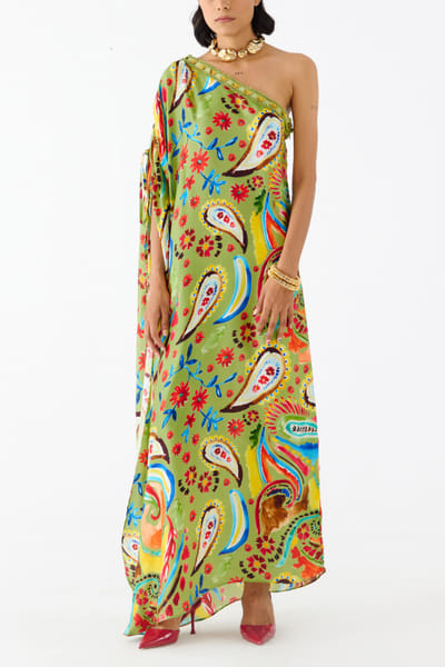 Green paisley print one-shoulder dress