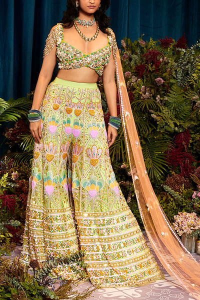 Green patchwork embroidery sharara set