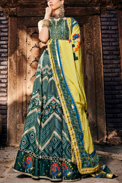 Green patola and bandhani print lehenga set