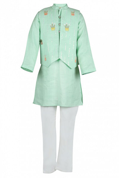 Green plant motif jacket kurta set