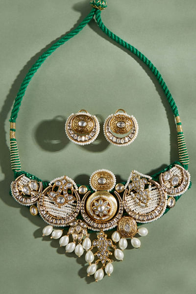 Green polki and pearl choker set