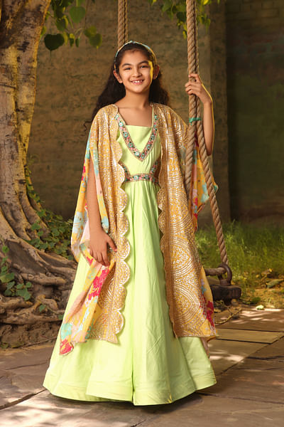 Green printed cape and anarkali