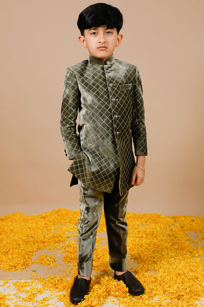 Green quilted velvet jodhpuri set