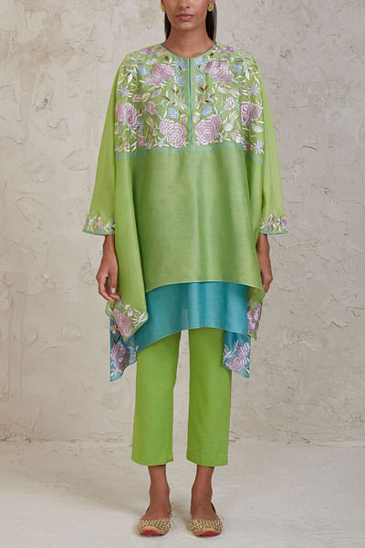 Green resham thread embroidery kaftan set