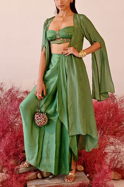 Green satin green draped skirt set