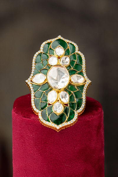 Green semi-precious stone and moissanite polki ring
