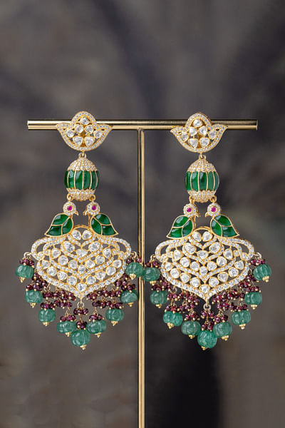 Green semi-precious stone and zirconia diamond earrings