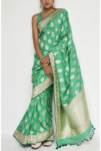 Green sequin accent banarasi silk sari set