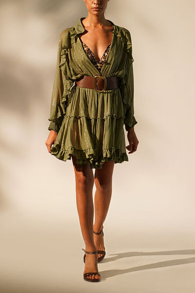Green shimmery ruffle and tiered short dress