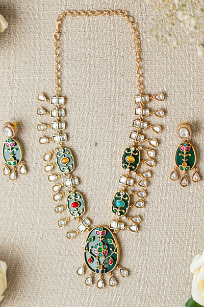 Green stone and kundan polki long necklace set
