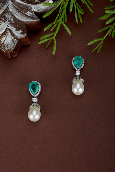 Green stone and pearl drop earrings