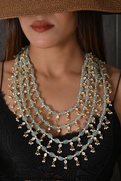 Green stone and pearl layered necklace