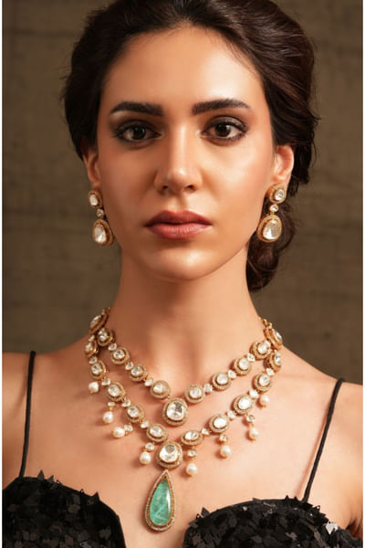 Green stone and polki layered necklace set