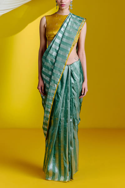 Ekaya Green striped banarasi kadhwa sari set EKYJAN24D113