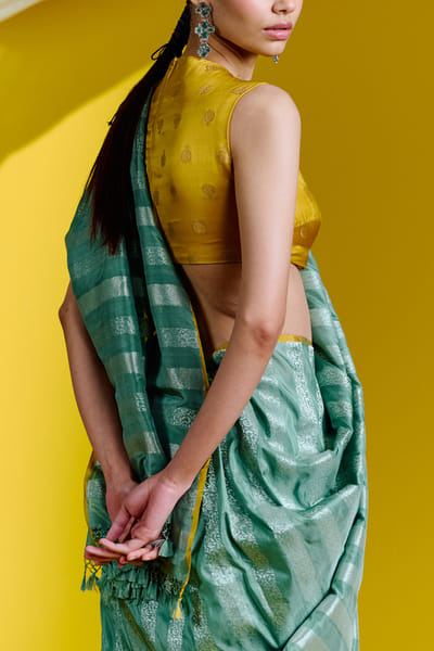 Ekaya Green striped banarasi kadhwa sari set EKYJAN24D113
