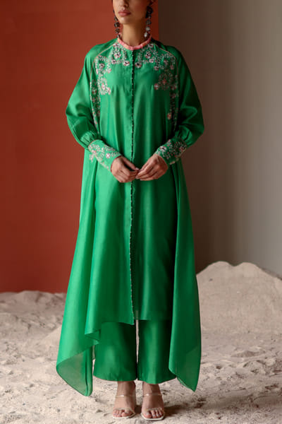 Green thread and mirror embroidery kaftan set