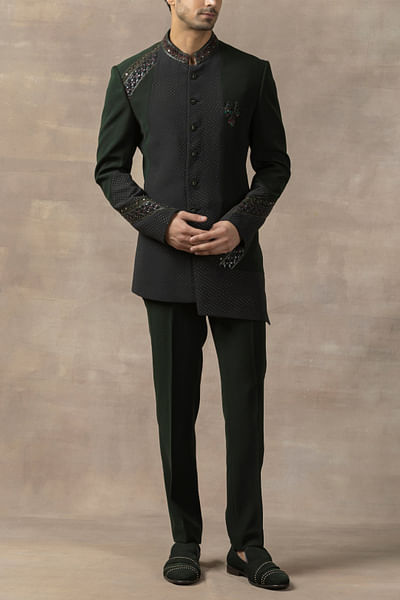 Green thread and pearl embellished bandhgala set