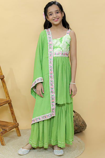 Green tie-dye print kurta and sharara set