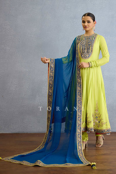 Green zari and dori embroidered anarkali set