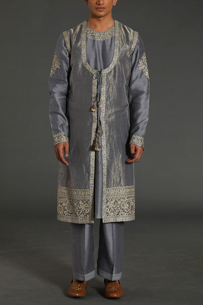 Grey aari embroidered angrakha jacket set