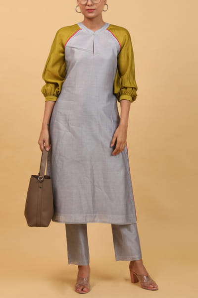 Vinusto Grey and lime yellow woven kurta set VNOAUG23D117