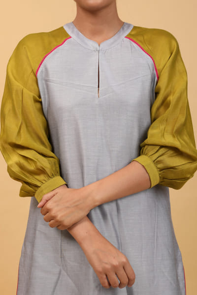 Vinusto Grey and lime yellow woven kurta set VNOAUG23D117