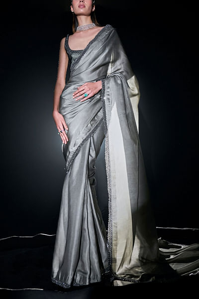 Grey and silver satin sari set