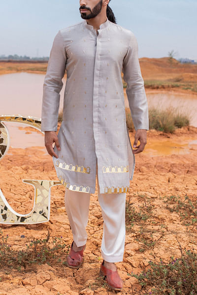 Grey camel motif embroidery front-open kurta set
