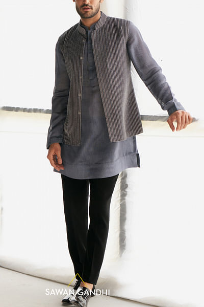 Grey cutdana work Nehru jacket set