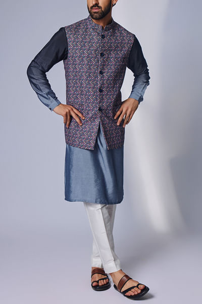 Grey delicate floral print bandi kurta set