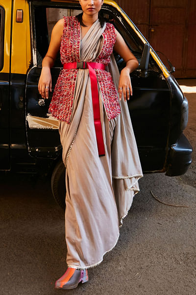 Grey embellished jacket and pre-stitched cascade sari set