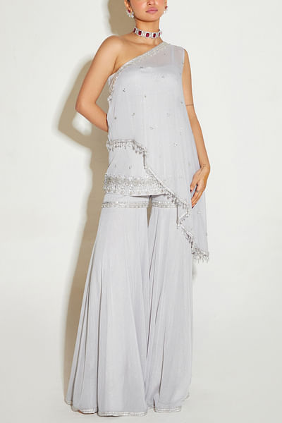 Grey embellished one-shoulder cape and sharara set