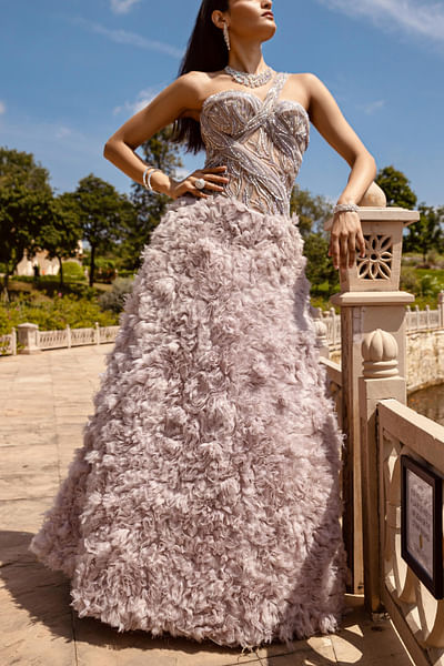 Grey feather embellished gown