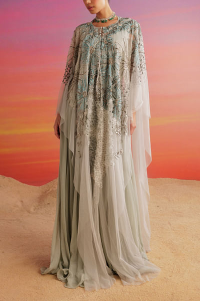Grey floral embroidered asymmetric cape