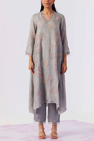 Grey floral embroidery asymmetric kurta set
