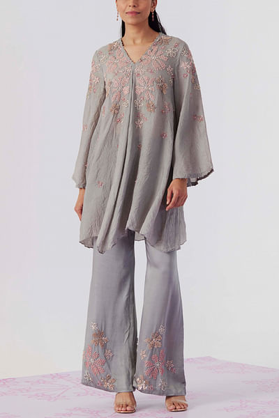 Grey floral embroidery tunic set