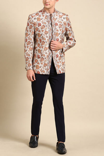 Grey floral print bandhgala