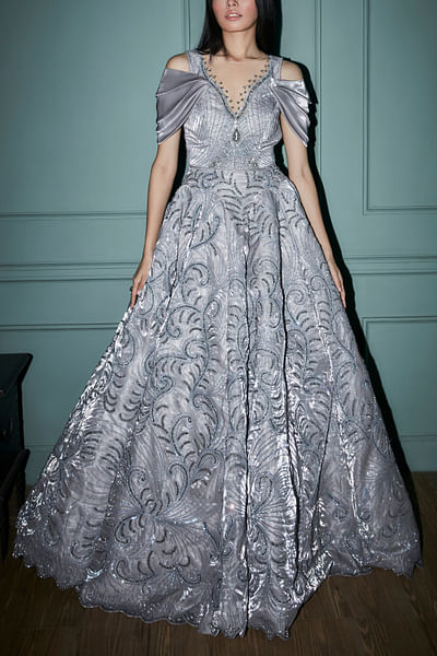 Grey hand embroidered gown