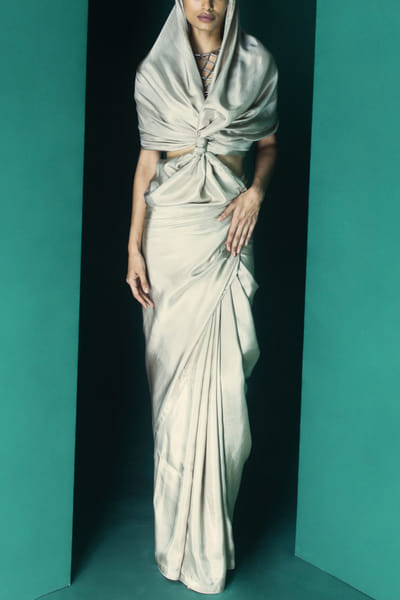 Grey handwoven silk saree set