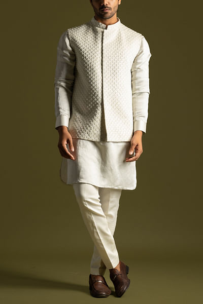 Grey linen Nehru jacket and kurta set