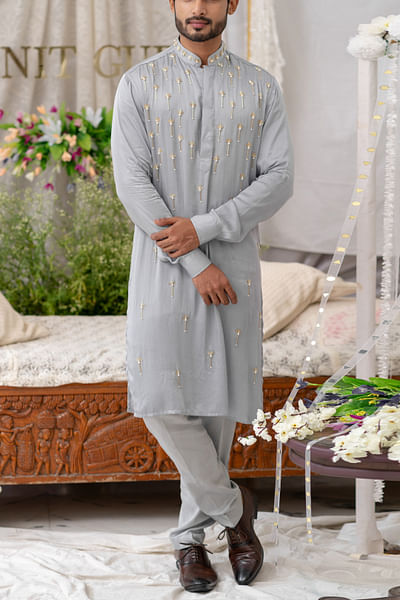 Grey motif pearl embroidery kurta set