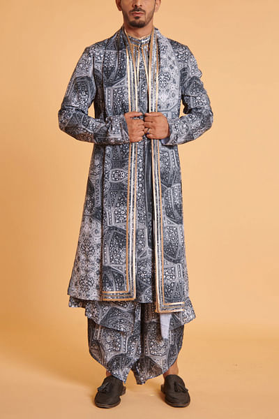Grey Mughal print achkan and kurta set