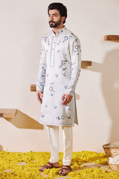 Grey ombre floral embroidered kurta set